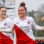 UTRECHT, 10-11-2024 ,Zoudenbalch, Azerion Eredivisie vrouwen, Utrecht - Heerenveen (women) , season 2024 / 2025, during the match Utrecht - Heerenveen (women), FC Utrecht player Nikita Tromp scores and celebrates 2-1 FC Utrecht player Maxime Snellenberg (l)